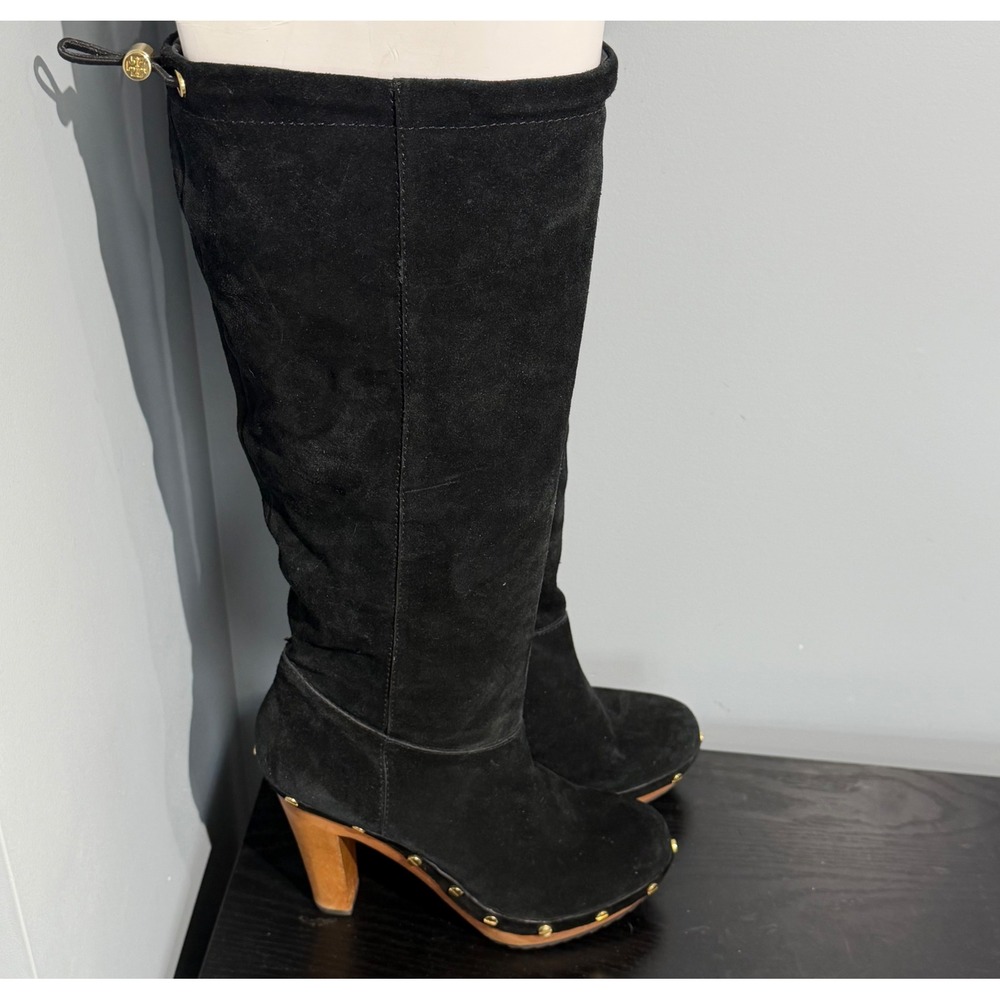 Tory Burch Black Suede Clog Boots Studded Wooden Heel Tall Knee High Toggle